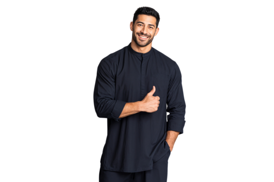 Confident Arab man in traditional outfit smiling and showing a thumbs-up gesture. Lifestyle themes isolated on a transparent background