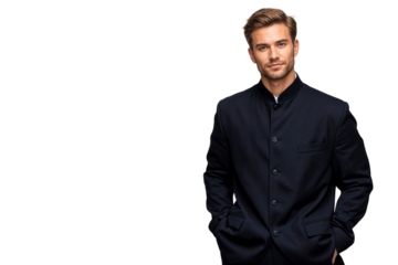 Handsome young sailor wearing a formal navy uniform, posing with hands in pockets. Isolated on transparent background