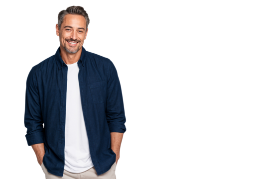 Portrait of a mature man in casual outfit standing with hands in pockets, ideal for lifestyle and fashion concepts - Powered by Adobe