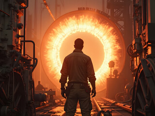 Engineer observing circular electrical portal formation inside substation generating intense orange glow on equipment while maintaining critical industry safety standards