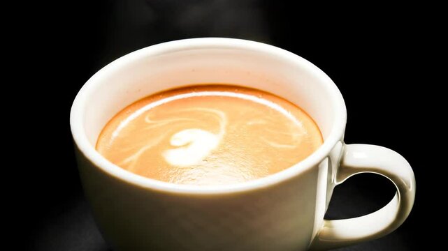 Creamy latte in a white cup with steam on black background  