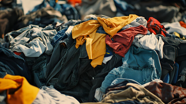 ropa encimada aventada tirada como basura por el consumismo de la moda rapida provocando la contaminacion del planeta y el descuido del medio ambiente