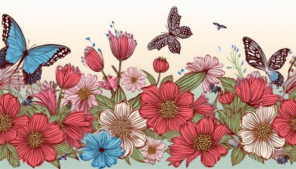 Fototapeta premium seamless border with flowers and butterflies