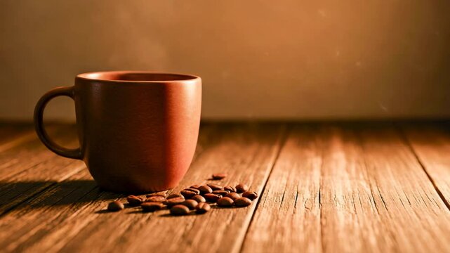 Coffee cup with beans on wooden table in warm, ambient lighting  