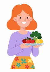 Smiling Redhead Woman Holding Plate of Fresh Vegetables and Fruit