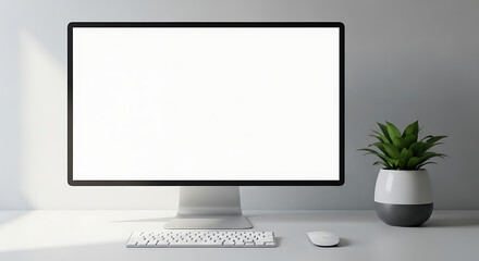 Fototapeta premium A modern computer monitor with a blank white screen, keyboard, and mouse, next to a potted plant.