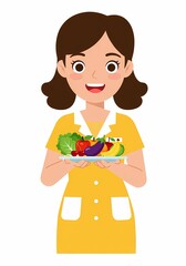 Smiling Woman Holding Plate of Colorful Fresh Fruits and Vegetables