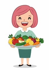 Happy Cartoon Woman Holding Tray with Colorful Fruits and Vegetables