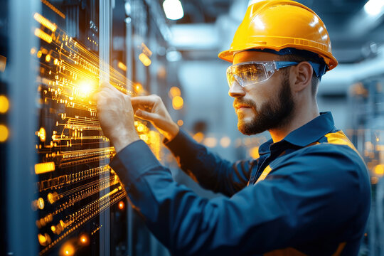 Technician wearing safety helmet and goggles works on control panel, adjusting wires and connections. environment is illuminated with warm, glowing lights, creating focused atmosphere - Powered by Adobe