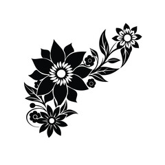 Elegant corner floral design with blossoming flowers, leaves and swirling flourishes