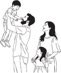 Line Art Illustration of a Joyful Family with Father Lifting Son and Mother and Daughter Watching Happily.