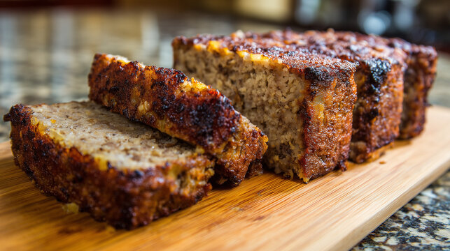 Sliced scrapple loaf on wooden board.