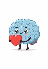 Cute Blue Brain Holding Red Heart Character on White Background