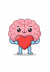 Cartoon Brain Holding Red Heart, Loving Pink Character on White