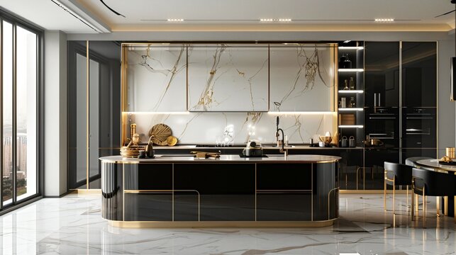 Modern black and white kitchen with gold accents and marble surfaces, embodying sleek elegance in a culinary space