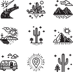 Desert road trip Arizona Icons black and white