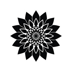Symmetrical black flower pattern with layers of petals on a white background
