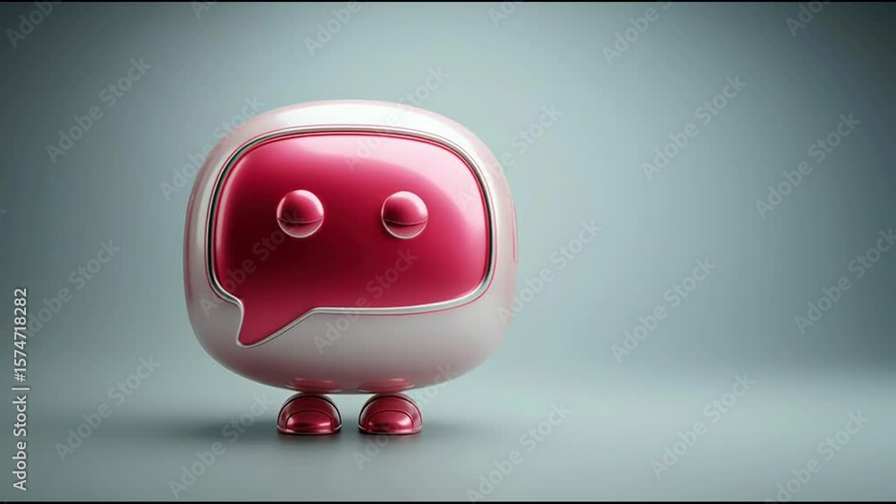 Poster pink robot with speech bubble representing ai stakeholder dashboard icon concept for summarizing bus