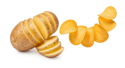 Potato sliced into thin rounds, next to potato chips, illustrating transformation from raw ingredient to finished product, showcasing snack food production
