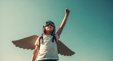 Aspiring Aviator: Child with Wings and Goggles Reaching for the Sky
