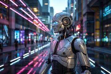 Advanced humanoid robot stands in a vibrant futuristic city street at night