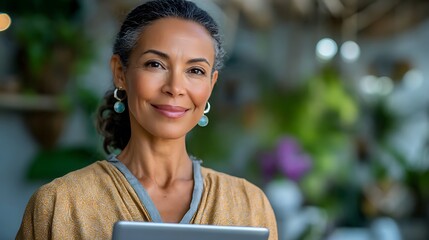 Elegant mature woman with graying hair wearing dangling earrings looking confidently at the camera.