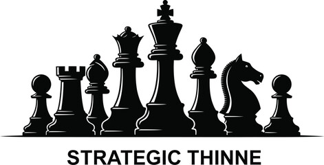 A black and white illustration of chess pieces lined up against a white background