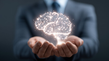 Business professional holding a glowing digital brain, representing artificial intelligence and innovation in technology
