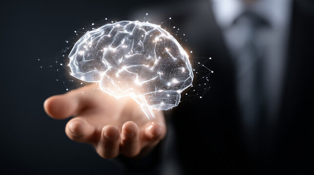 Business professional holding a glowing digital brain, representing artificial intelligence and innovation in technology - Powered by Adobe