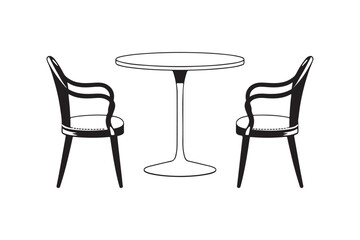 Minimalist black and white illustration of a round table with two chairs