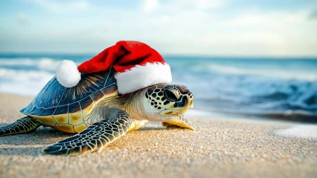turtle in a Santa hat on the background of the beach 