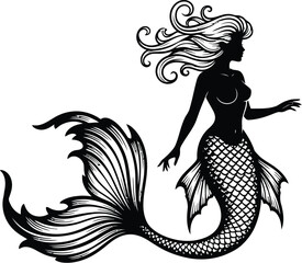 Silhouette of a mermaid with flowing hair and detailed tail on a white background