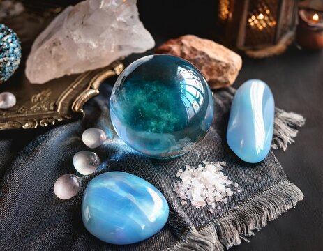 close up of pagan altar with crystal ball and blue geode jade stones and quartz crystals with salt on cloth