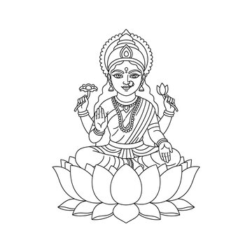 Line art illustration of the hindu goddess lakshmi seated on a lotus flower holding lotuses in her hands isolated on transparent background
