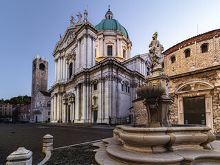 Exterior View of the New Duomo Cathedral in Brescia, Italy, in Piazza Paolo VI, at golden hour