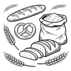 Vintage black and white hand-drawn vector illustration of assorted bakery breads, including baguette, croissant, pretzel, and flour sack with wheat, ideal for bakery packaging, labels, and menu design