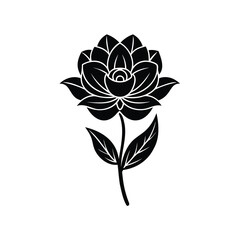 Elegant Black and White Rose Flower Illustration with a Stem and Leaves