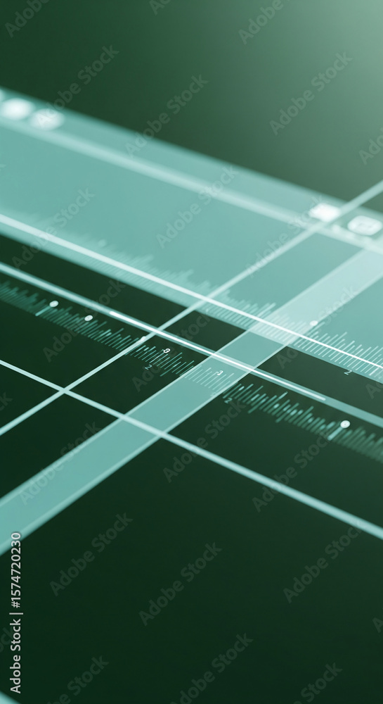Poster abstract image of teal grid lines and graphs on dark background, suggesting digital technology or da
