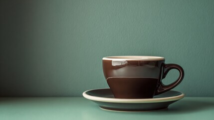 Obraz premium Coffee brown cup with ivory saucer on muted green table