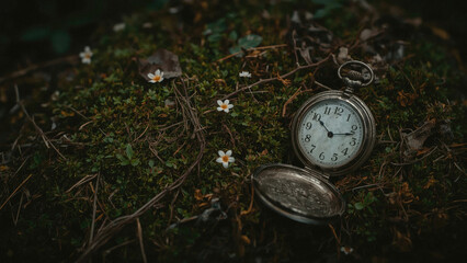 vintage pocket watch overgrown with moss and small flowers, concept of lost time