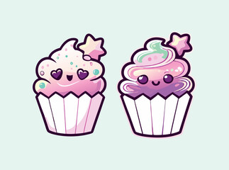 Cute Cartoon Cupcakes with Smiling Faces. Kawaii Style Vector Illustration.