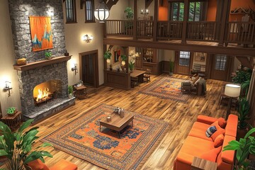 Rustic Open Plan Living Room with Stone Fireplace and Orange Couch