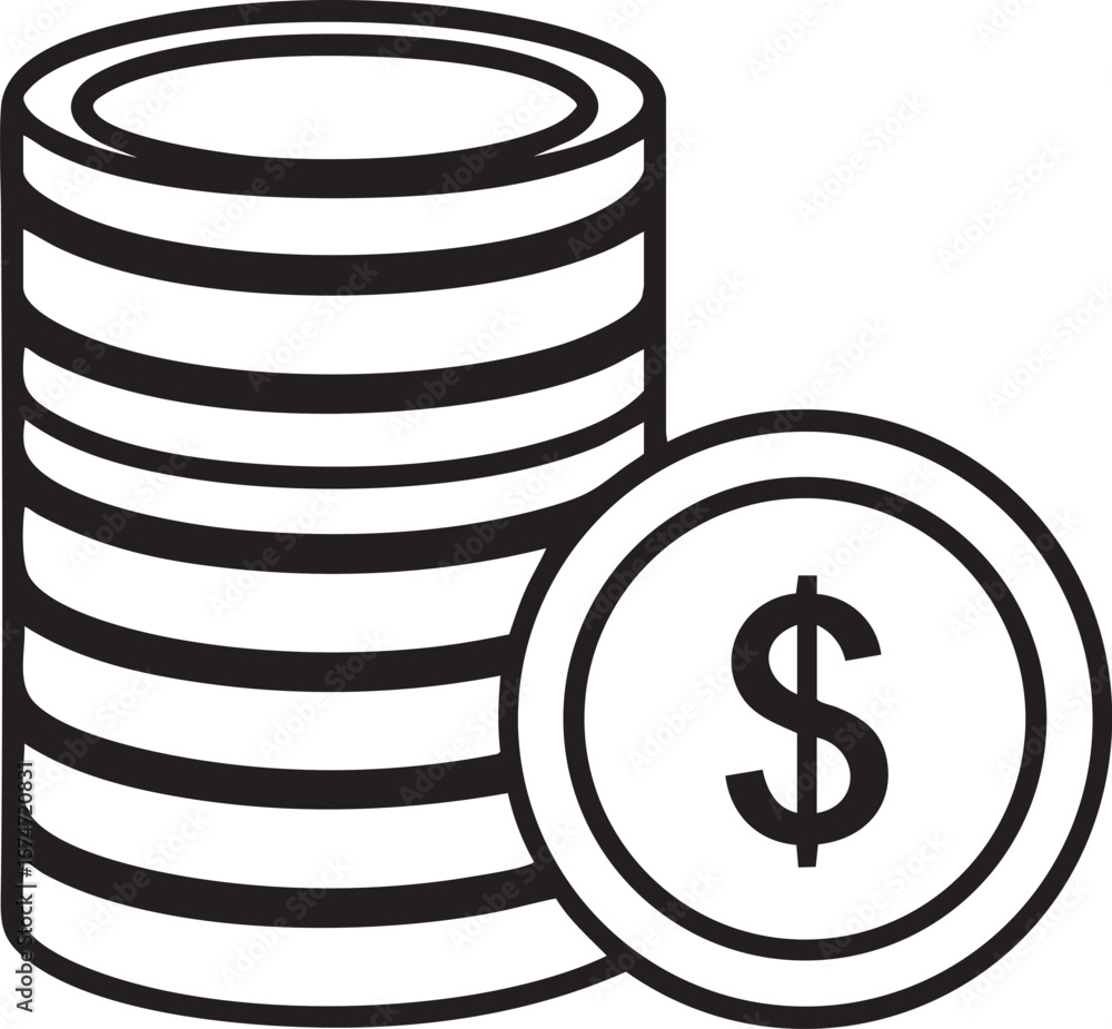 Poster stack of dollar coins with a single coin showing the dollar symbol isolated on white background
