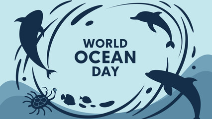 Naklejka premium World Ocean Day: Stylized Silhouette Illustration of Dolphins, Shark, and Sea Turtle in a Circular Wave Design, Peaceful Aquatic Scene, Blue Color Palette.