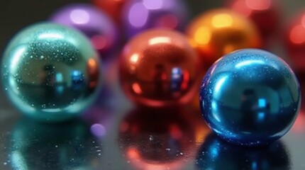 Colorful stones of different shapes are artfully arranged, sparkling in shiny surface reflecting image, showcasing their unique shapes and hues