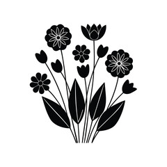 Stylized floral arrangement with daisies, tulips and large leaves in black silhouette
