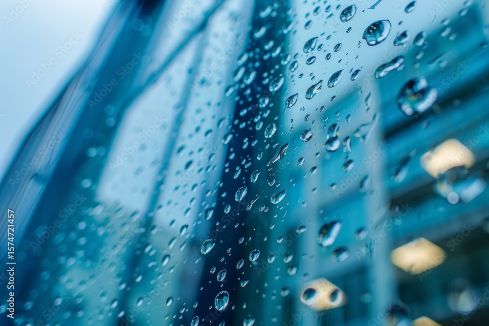 Poster rain drops falling on glass window creating beautiful pattern with cityscape reflection in backgroun