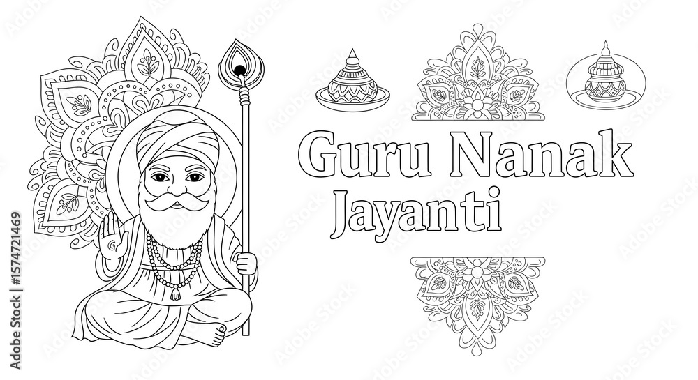 Fototapete guru nanak jayanti celebration with a line art illustration of guru nanak dev ji holding a kirpan an