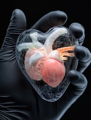 A hand in a black glove holds a transparent heart structure illuminated from within, showcasing intricate details, This image can be used for medical, technical, or educational purposes,
