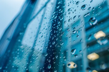 Rain drops falling on glass window creating beautiful pattern with cityscape reflection in background